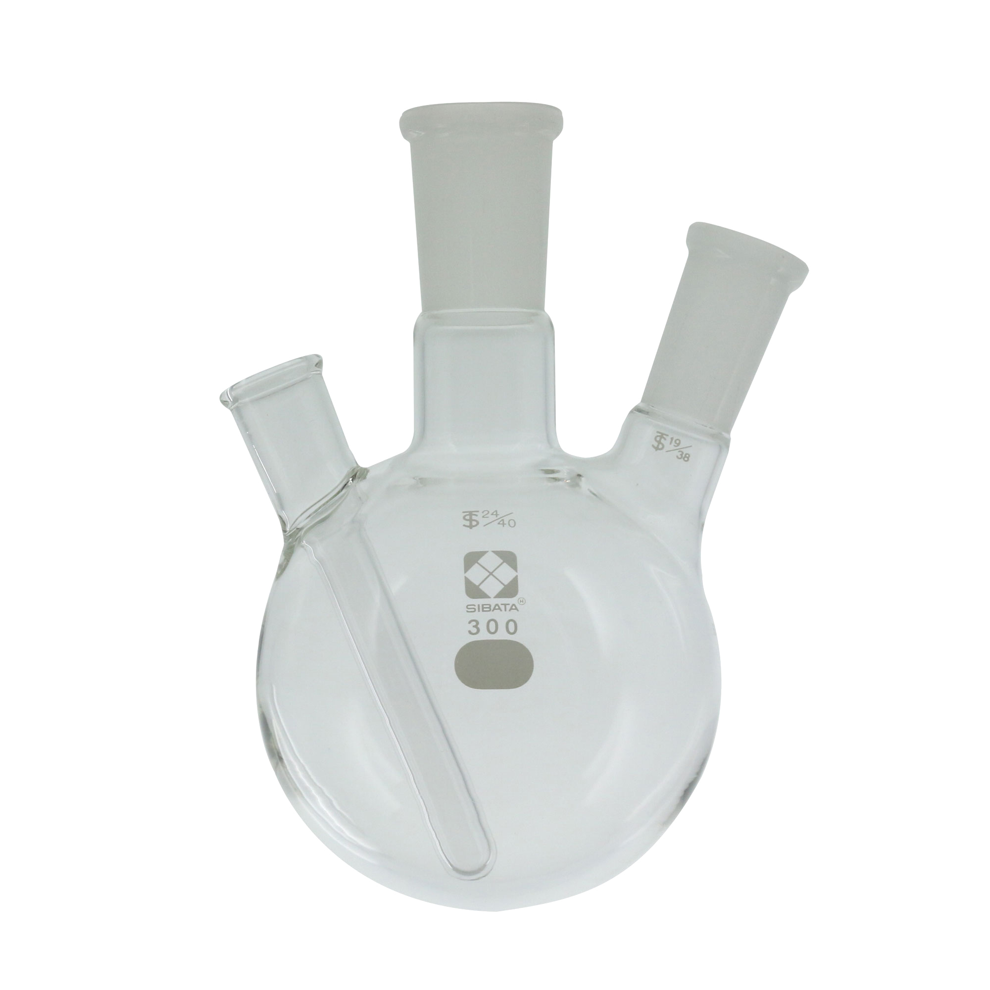 005320-24300 共通摺合二口丸底フラスコ 温度計用封入管付 300mL 主24/40 側19/38 柴田科学(SIBATA)