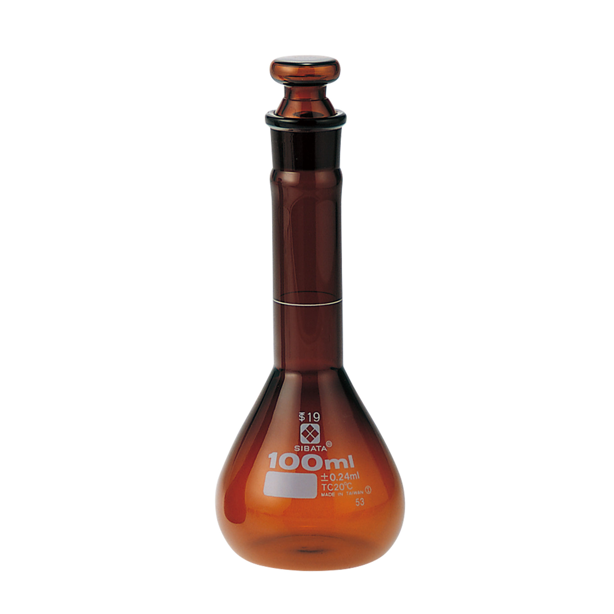 メスフラスコ 短形(全量フラスコ) 茶褐色 共通摺合せガラス平栓付 100mL(10個)
