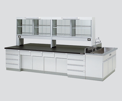 中央実験台 木製タイプ・ケコミ型・側面流し台・試薬棚付き 4200×1500×800/1870 SAOK-4215