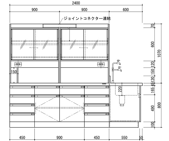 中央実験台 木製ホワイトタイプ・ケコミ型・側面流し台・試薬棚付