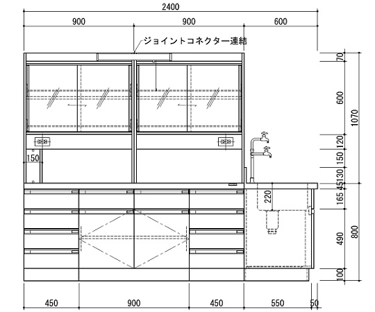 中央実験台 木製ホワイトタイプ・ケコミ型・側面流し台・試薬棚付き 2400×1500×800/1870 SAN-2415EGW