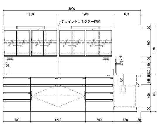 中央実験台 木製ホワイトタイプ・ケコミ型・側面流し台・試薬棚付き 3000×1500×800/1870 SAN-3015EGW