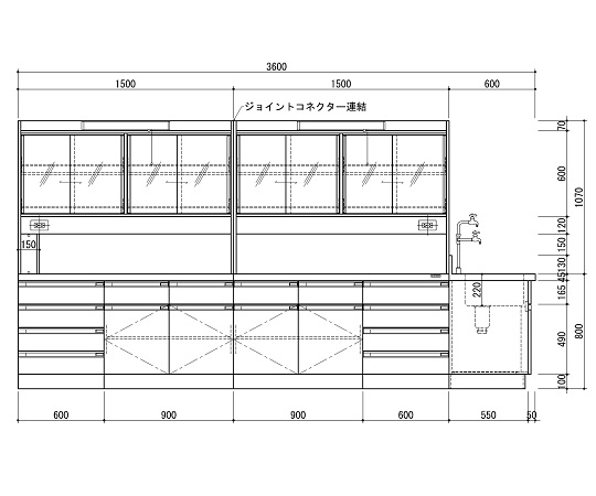 中央実験台 木製ホワイトタイプ・ケコミ型・側面流し台・試薬棚付き 3600×1500×800/1870 SAN-3615EGW