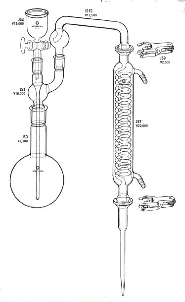 シアンイオン蒸留装置 JSC-1型 5蓮電熱用ガラス5組・架台・電熱器・キャスター付